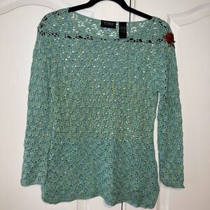Studio by Liz Claiborne Womens Sweater XL Open Weave Green Crochet Embroider